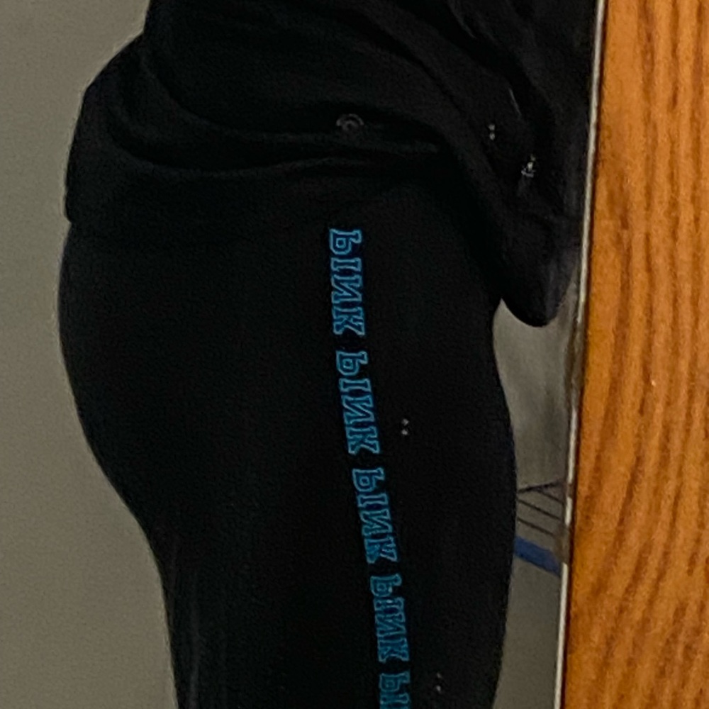 PINK Black Leggings with Blue text saying” pink”